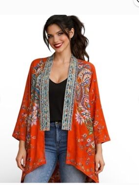 Johnny Was Orange Silk Floral Open-Front Kimono with Paisley Trim